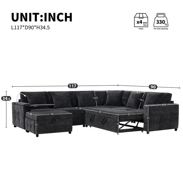 TIRAMISUBEST 117*90''/107"*85'' Modular Sectional Chenille Pull Out Sofa Bed with Flip-up Table Panel, Storage Ottoman, 6 Pillows Free Combination