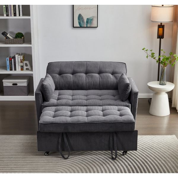 TiramisuBest 55" Corduroy Foldable Sofa Bed with Adjustable Backrest and USB Port, 2-Seat Convertible Sleeper Couch with Pillows, Dark Gray