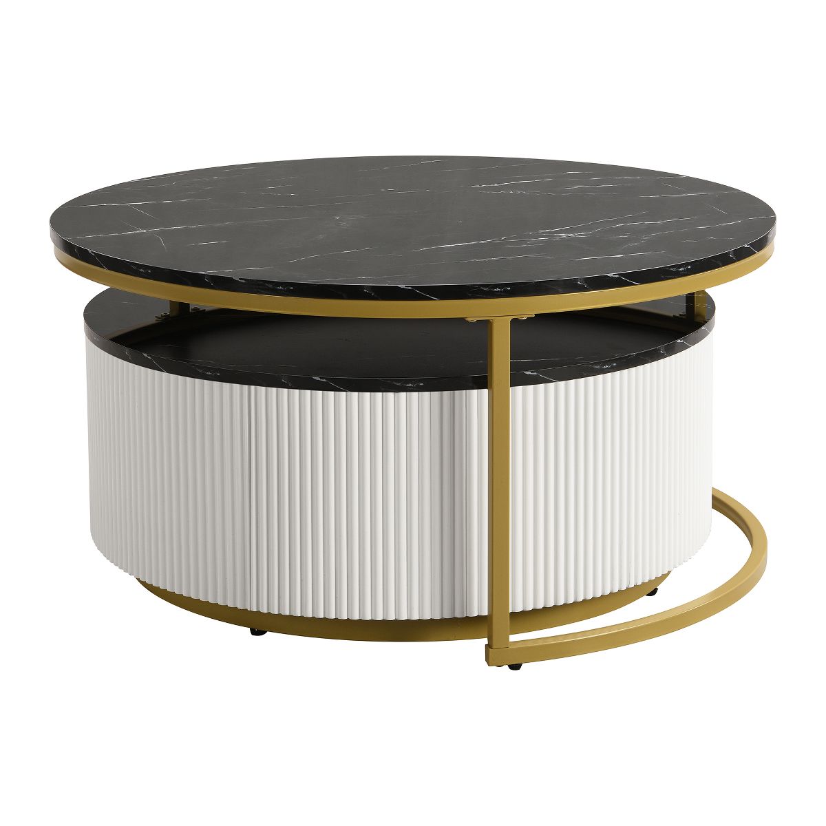 TiramisuBest 31.5" Round Fluted Coffee Table, Modern Nesting Table with Drawer in Black & Gold