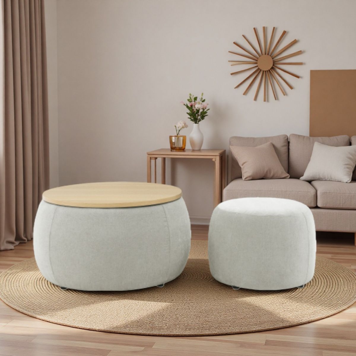TiramisuBest 24 Inch Chenille Storage Ottoman 2 Piece Set 2 in 1 Round Ottoman Storage Bench Drum Stool Hidden Storage Bench Living Room