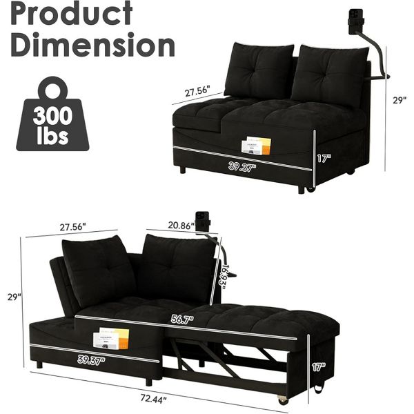 TIRAMISUBEST 4 in1 Cloud Velvet Sofa Bed 55.51 inch Velvet Pull-out Bed 3 Angle Adjustable USB Port Swivel Stand