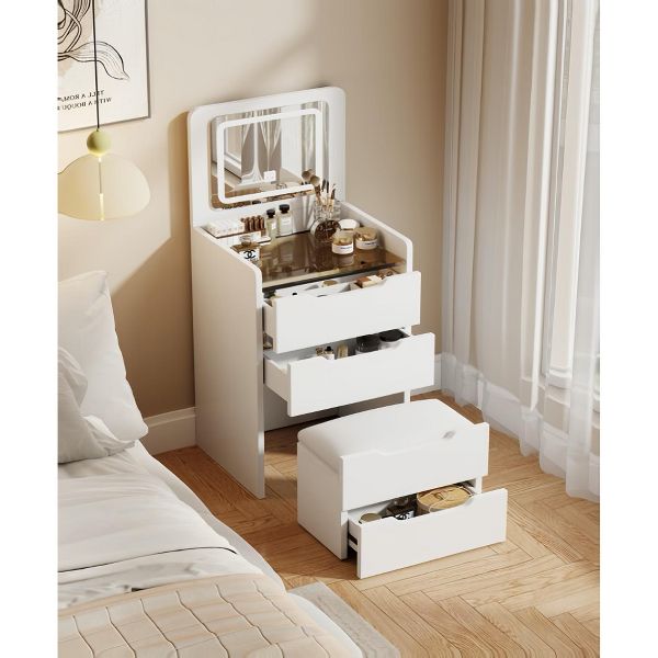 TiramisuBest 3 in 1 Vanity Desk Flip Top Mirror Glass Desktop 3 Drawers Cushioned Stool Bedroom