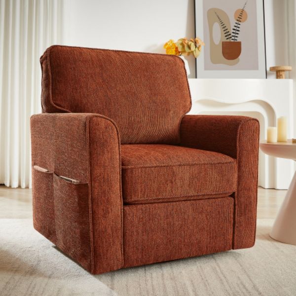 TiramisuBest Red Chenille 360 Swivel Accent Chair, Comfortable Barrel Armchair with Side Pockets for Any Room