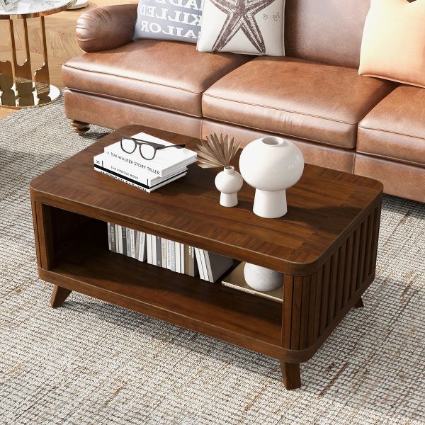 TiramisuBest Espresso Rectangular Coffee Table, Solid Wood Legs with Open Shelf for Living Room & Apartment