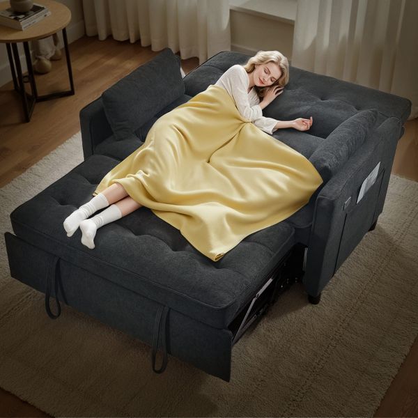 TiramisuBest 55" Velvet Foldable Sofa Bed with Adjustable Backrest and USB Port, 2-Seat Convertible Sleeper Couch with Pillows, Gray