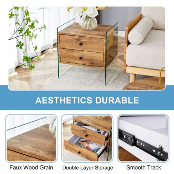 TiramisuBest 2-Drawer Bedside Table, MDF & Tempered Glass Sides for Modern Elegant Storage,Wood