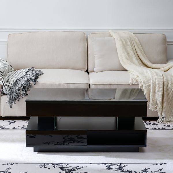 TiramisuBest 39.3" Modern Coffee Table, Lift Top with Hidden Storage, 2 Drawers & LED Lighting,Black