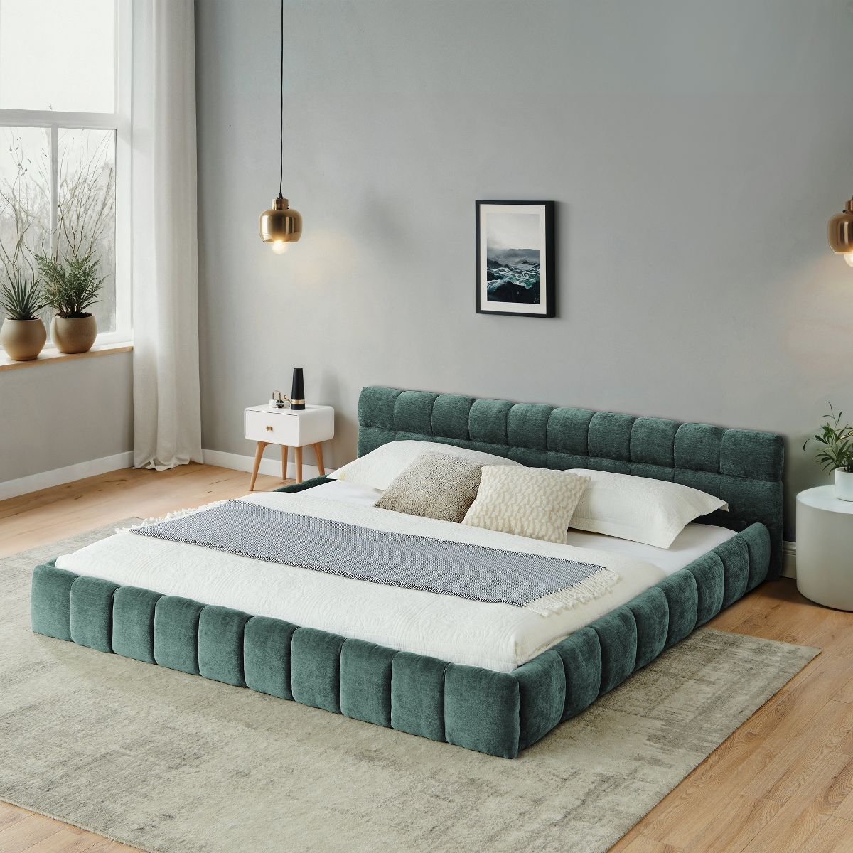 TIRAMISUBEST California King Upholstered Platform Bed Frame Chenille Headboard Solid Base No Box Spring Living Room Bedroom