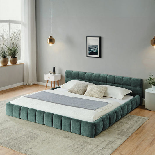 TIRAMISUBEST California King Upholstered Platform Bed Frame Chenille Headboard Solid Base No Box Spring Living Room Bedroom