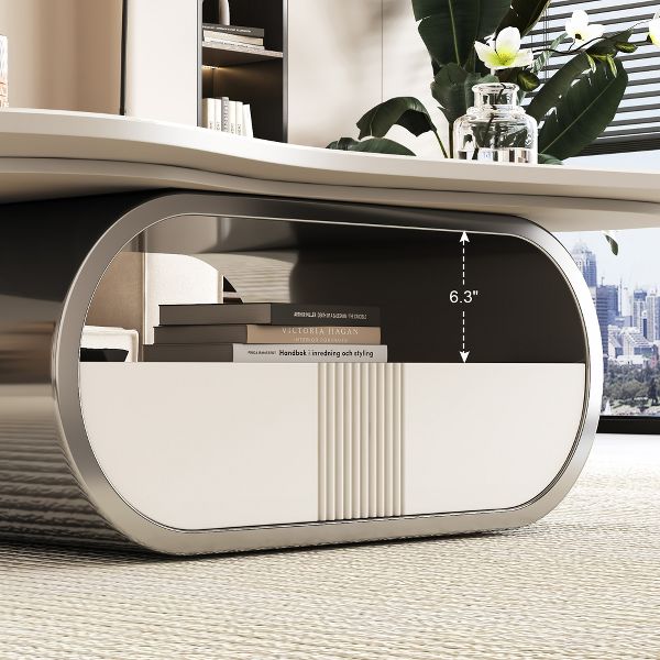 TiramisuBest Oval Butterfly Coffee Table, Modern Sintered Stone Top with Storage Shelf & Drawer, Steel Base,Grey&White