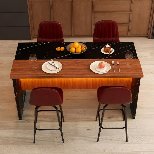 TiramisuBest Modern 63" Kitchen Island Set, Black Marble-Look Surface with LED Lighting, Grill Design & 4 Dark Brown Stools