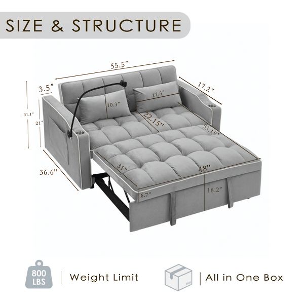 3 in 1 Convertible Sleeper Sofa Bed 55 Velvet TIRAMISUBEST 3 Position Adjustable Back USB Phone Stand Ashtray Bonus Pillows Compact Lounger