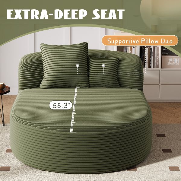 TiramisuBest 51.6" Green Corduroy Chaise Lounge, Modern Boneless Sofa Bed with 2 Pillows for Living Room