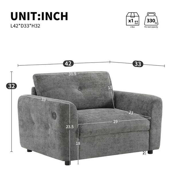 TTiramisuBest 42"x33" Modern Chenille Armchair, Tufted Wide Seat Sofa with Dual-Port Charger for Apartment & Living Room,Gray