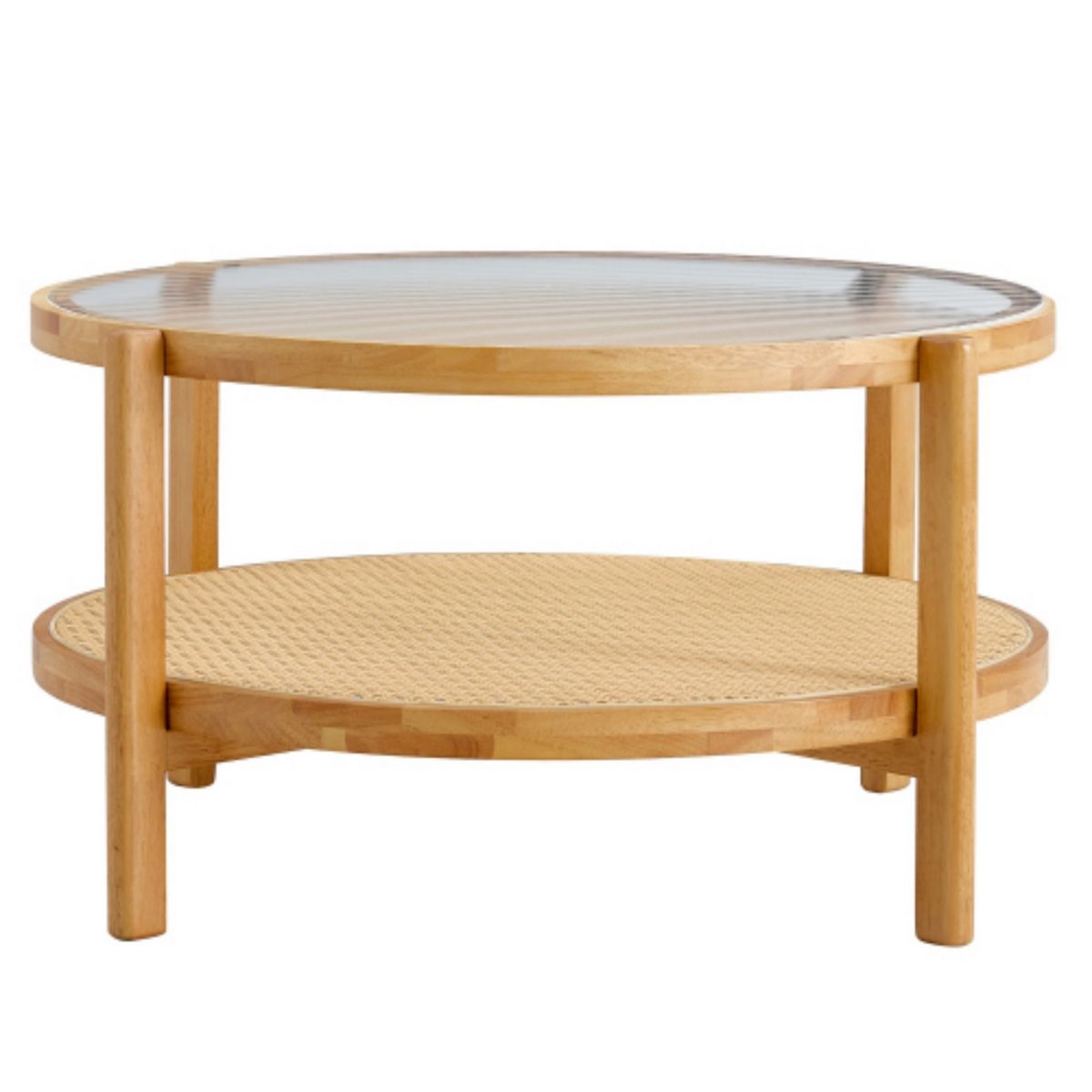 TiramisuBest Minimalist Circular Coffee Table, Solid Wood Frame, Glass Top & PE Rattan Lower Shelf, Walnut