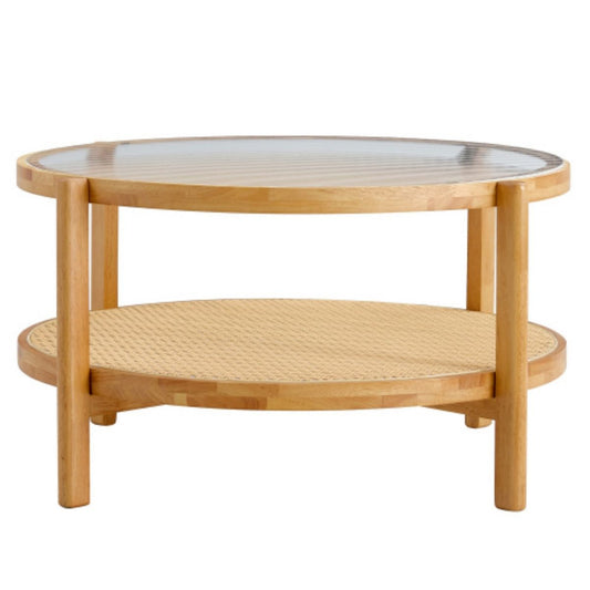 TiramisuBest Minimalist Circular Coffee Table, Solid Wood Frame, Glass Top & PE Rattan Lower Shelf, Walnut