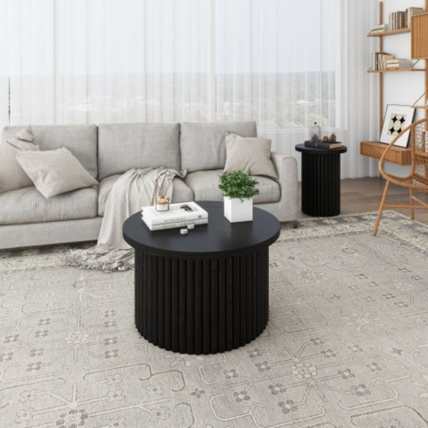 TiramisuBest Modern 2-Piece Round Coffee Table Set, Black Side & Accent End Tables for Living Room or Apartment