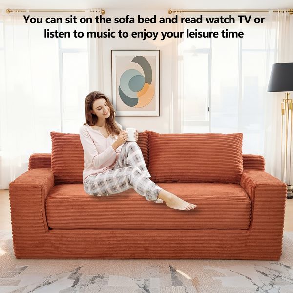 TiramisuBest Compact Corduroy Loveseat Sofa Bed, Memory Foam 2-in-1 Convertible Couch for Apartment & Bedroom,Orange