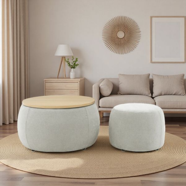 TiramisuBest 24 Inch Chenille Storage Ottoman 2 Piece Set 2 in 1 Round Ottoman Storage Bench Drum Stool Hidden Storage Bench Living Room