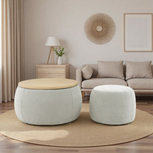 TiramisuBest 24 Inch Chenille Storage Ottoman 2 Piece Set 2 in 1 Round Ottoman Storage Bench Drum Stool Hidden Storage Bench Living Room