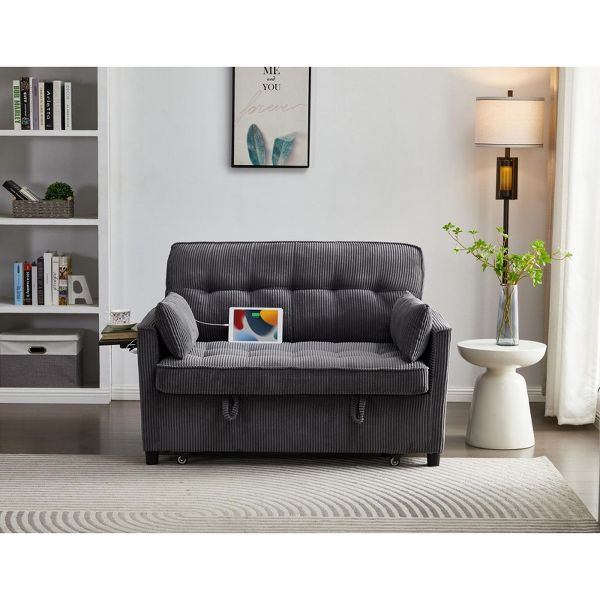 3 in 1 Corduroy Sofa Bed Adjustable Backrest USB Port Pull Out Couch Loveseat Convertible Sleeper Couch with Storage Pockets and Pillows