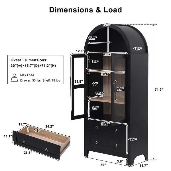 TIRAMISUBEST 71" Arched Kitchen Pantry Cabinet 2 Large Drawers Adjustable Shelves Glass Doors Modern Farmhouse Buffet Dining Storage