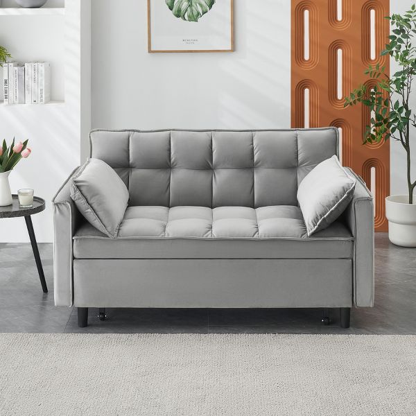TiramisuBest 3-in-1 Velvet Loveseat Futon Sofa Bed, Convertible Pullout Couch with Pillows & Adjustable Backrest,Gray