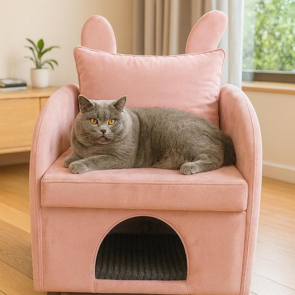 TiramisuBest Velvet Bunny-Ear Accent Chair, Pink Pet-Friendly Sofa with Built-in Pet Hideaway & Side Pocket