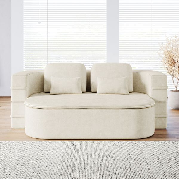 TiramisuBest 75" Foldable Chenille Floor Sofa, Convertible Sleeper Bed with Blanket for Living Room & Studio,Beige