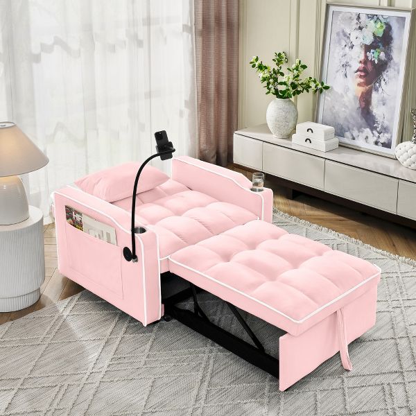 TiramisuBest 3-in-1 Pull-Out Sleeper Chair Bed, Space-Saving Velvet Convertible Sofa with Storage Pockets,Pink