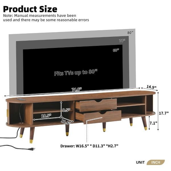 TiramisuBest Wooden Mid-Century TV Stand, Oval Fluted Farmhouse Media Console with Golden Handle,Walnut