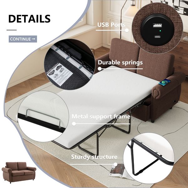 TiramisuBest 57.9" Pull Out Sofa Bed, Loveseat Sleeper with Twin Memory Foam Mattress & 2 USB Ports, Brown
