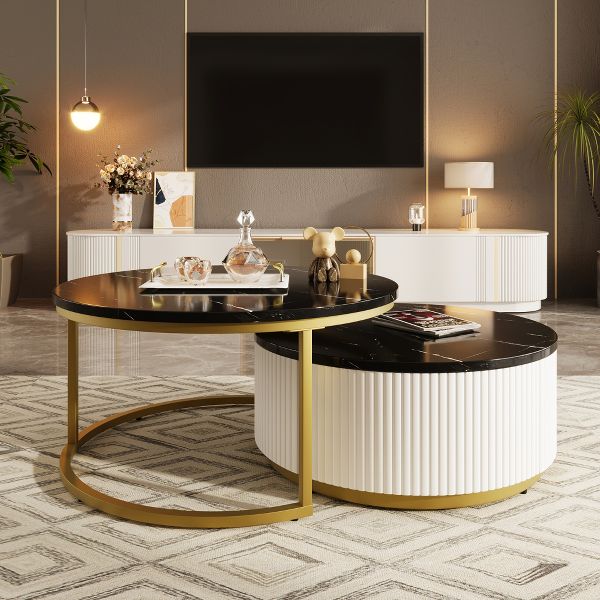 TiramisuBest 31.5" Round Fluted Coffee Table, Modern Nesting Table with Drawer in Black & Gold