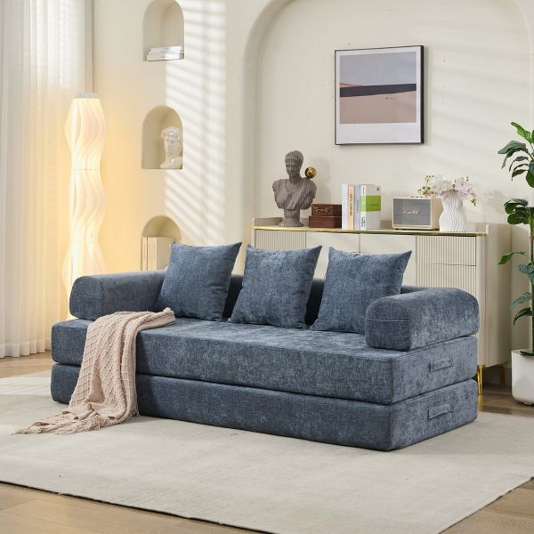 TiramisuBest Blue Chenille Comfy Convertible Floor Sofa Bed, Folding Lounge Couch for Studio & Small Spaces