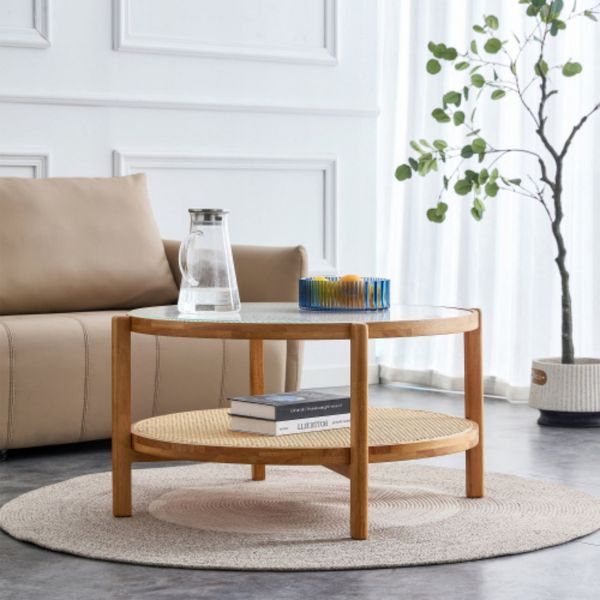 TiramisuBest Minimalist Circular Coffee Table, Solid Wood Frame, Glass Top & PE Rattan Lower Shelf, Walnut