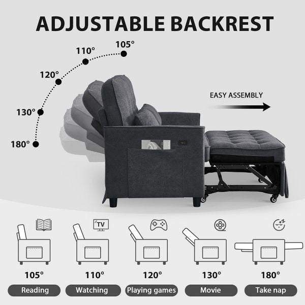 TiramisuBest 55" Velvet Foldable Sofa Bed with Adjustable Backrest and USB Port, 2-Seat Convertible Sleeper Couch with Pillows, Gray