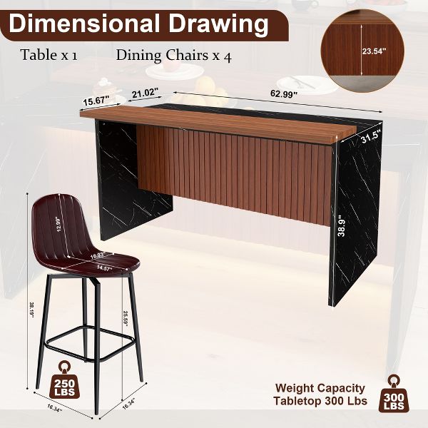 TiramisuBest Modern 63" Kitchen Island Set, Black Marble-Look Surface with LED Lighting, Grill Design & 4 Dark Brown Stools