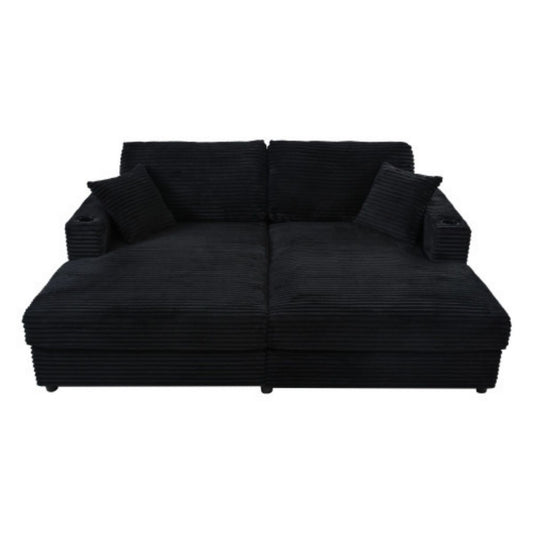 TiramisuBest 86.5" Corduroy Loveseat Sleeper Sofa Bed with Chaise Lounge, 2 USB Ports, 2 Cup Holders & Pillows,Black