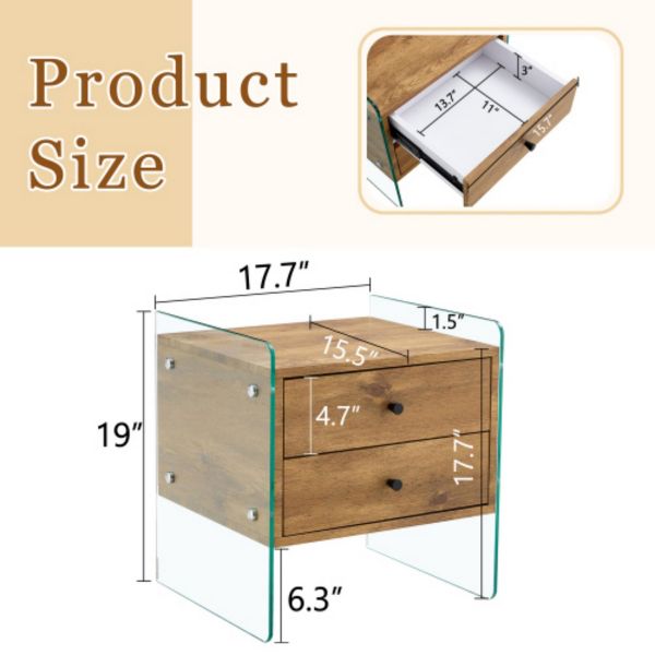 TiramisuBest 2-Drawer Bedside Table, MDF & Tempered Glass Sides for Modern Elegant Storage,Wood
