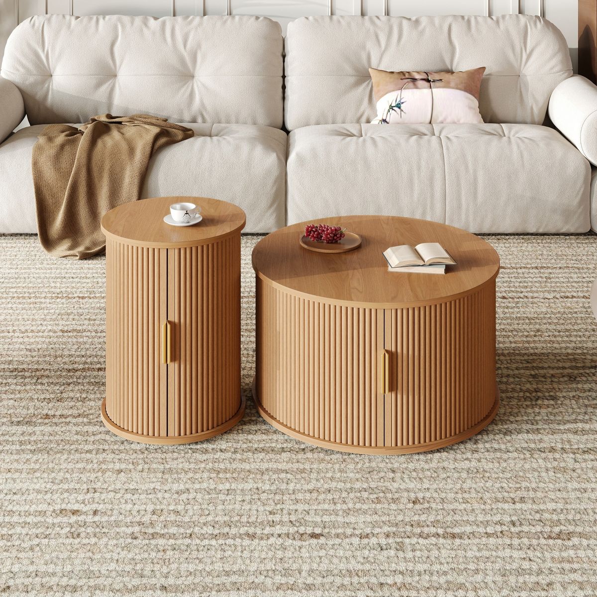 TiramisuBest 2-Piece Mid-Century Coffee Table Set, Round Fluted End Table & Sliding Tambour Side Table with Golden Handle,Natural