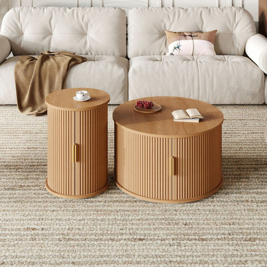TiramisuBest 2-Piece Mid-Century Coffee Table Set, Round Fluted End Table & Sliding Tambour Side Table with Golden Handle,Natural