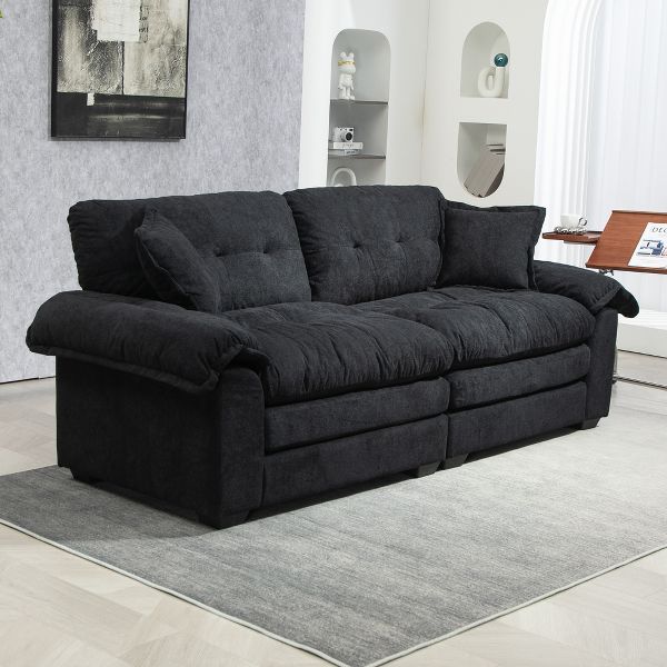 TiramisuBest 84" Modern Black Chenille Loveseat, Deep Cushion Sofa with 2 Pillows for Living Room & Lounge