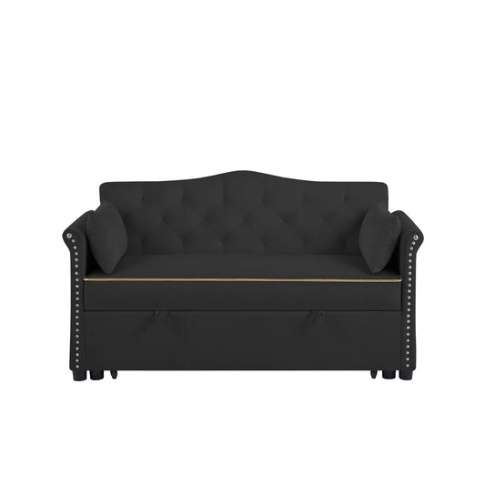 TiramisuBest Black Velvet Sofa Bed, Engineered Wood Frame Sleeper Couch for Living Room & Apartment Spaces