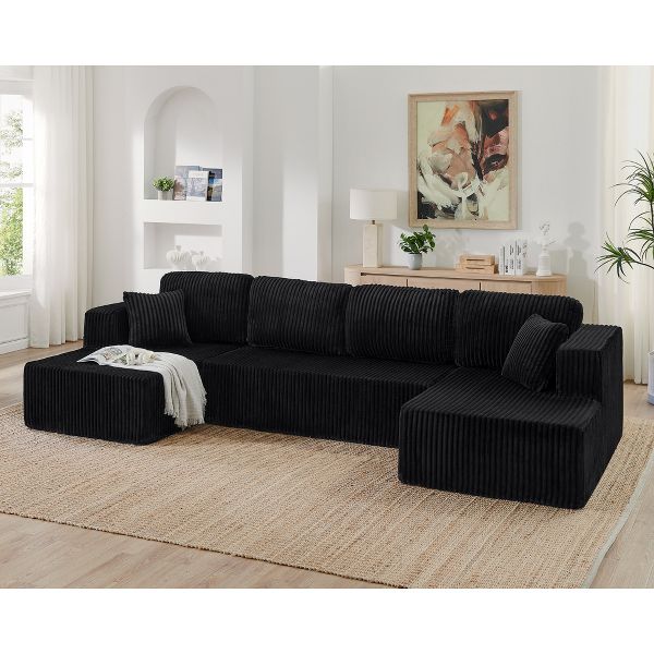 TiramisuBest Modern U-Shaped Modular Sofa, Black Corduroy Sleeper Couch for Bedroom & Living Room Comfort