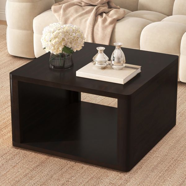 TiramisuBest 30.8" Square Coffee Table, Farmhouse Dark Brown 2-Tier Center Table with Storage Compartment