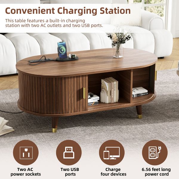 TiramisuBest Walnut 42.5" Oval Fluted Coffee Table, Mid-Century Center Table with Sliding Door & Charging Station
