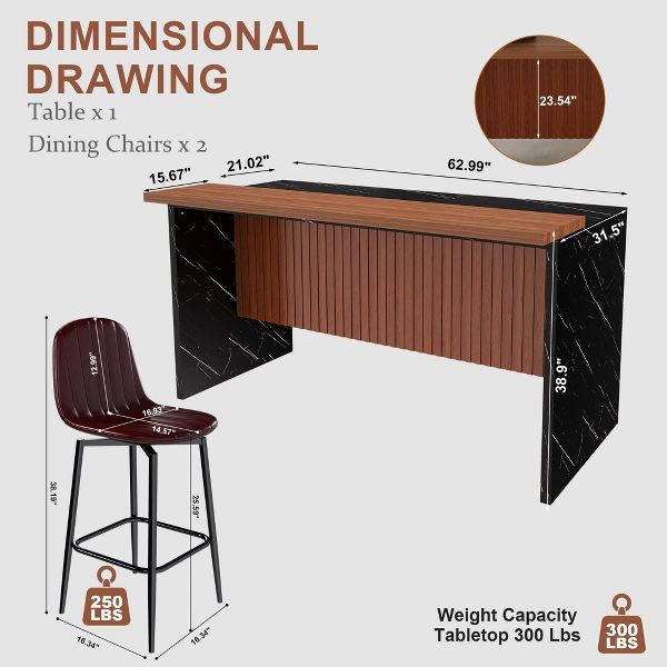 TiramisuBest Modern 63" Kitchen Island Set, Black Marble-Look Surface with LED Lighting, Grill Design & 2 Dark Brown Bar Stools