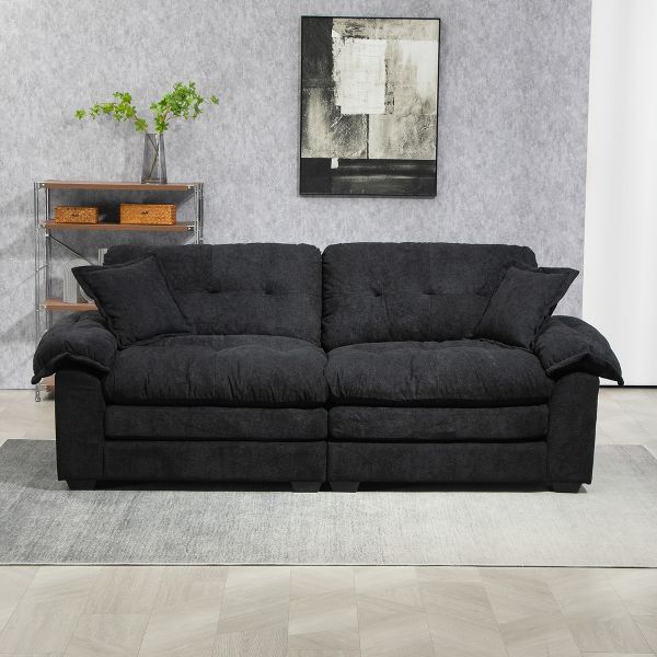 TiramisuBest 84" Modern Black Chenille Loveseat, Deep Cushion Sofa with 2 Pillows for Living Room & Lounge