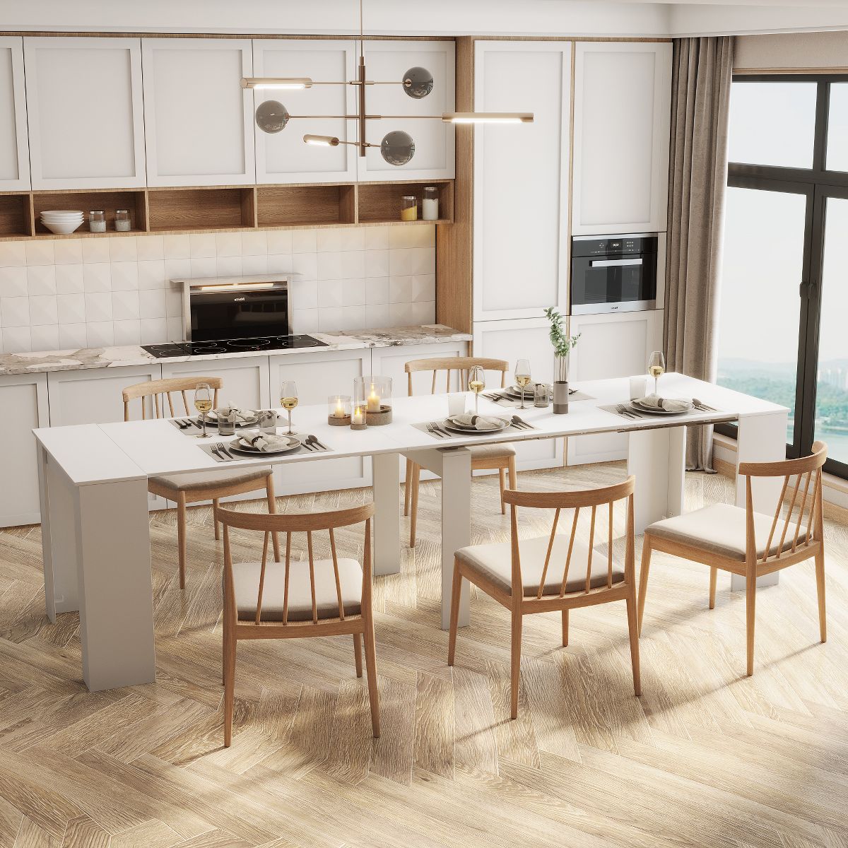 TiramisuBest Multifunctional White Console Table, Extendable Design for Dining, Work, or Living Room