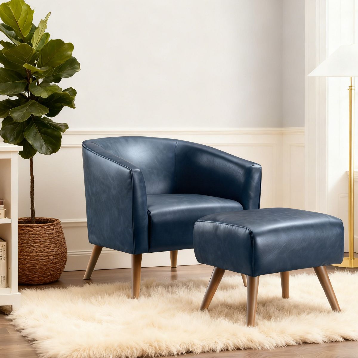 Accent Chair with Ottoman Modern Barrel Chair Footrest Mid Century Upholstered Armchair for Living Room Bedroom Office